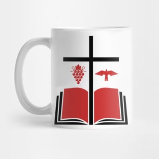 The cross of Jesus Christ, an open bible and a dove - a symbol of the Spirit. Mug